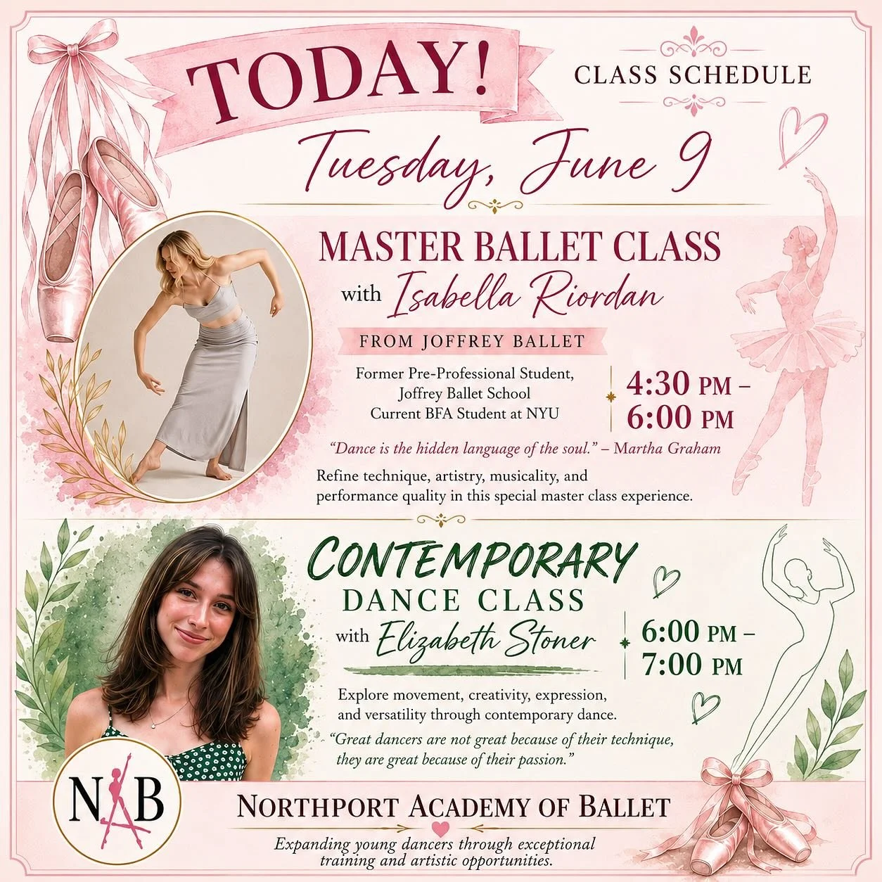 Our students have the wonderful opportunity of taking a Master Ballet class with a dancer from Joffrey Ballet. Learning from experienced professionals inspires our dancers to grow technically, artistically, and confidently.

Contemporary dance encour