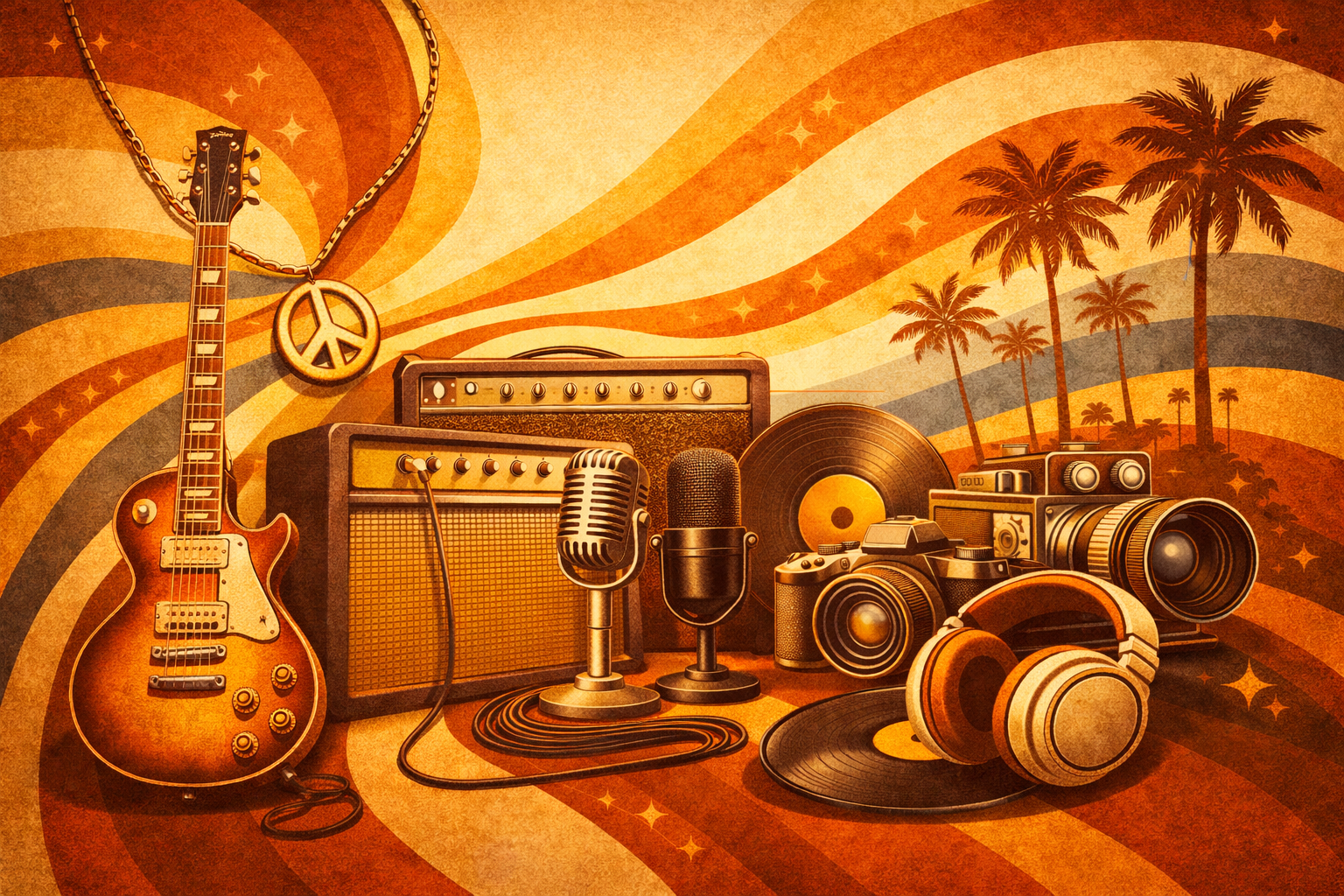 A collection of vintage musical and photography equipment including a guitar, microphones, microphones, a vinyl record, a camera with a large lens, headphones, and a small amplifier, set against a retro orange and yellow background with palm trees.