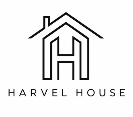 Harvel House logo - black text below an outline of a house with an "H" in the middle