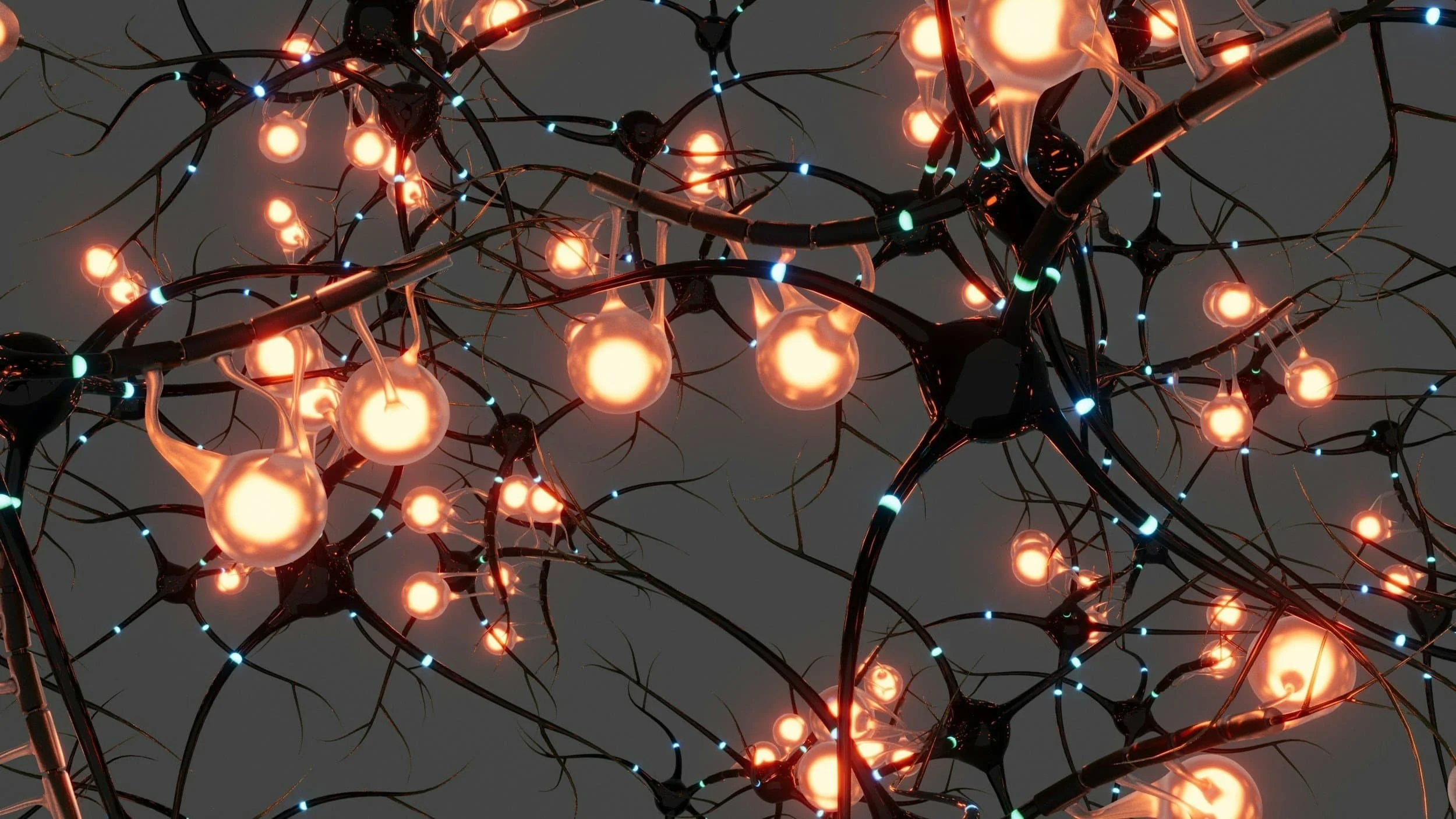 A digital illustration of interconnected neurons with glowing orange synapses and blue dendrites against a dark background.