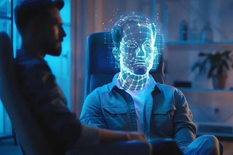 Two people in therapy, one person has a 3D image of their brain in place of their head