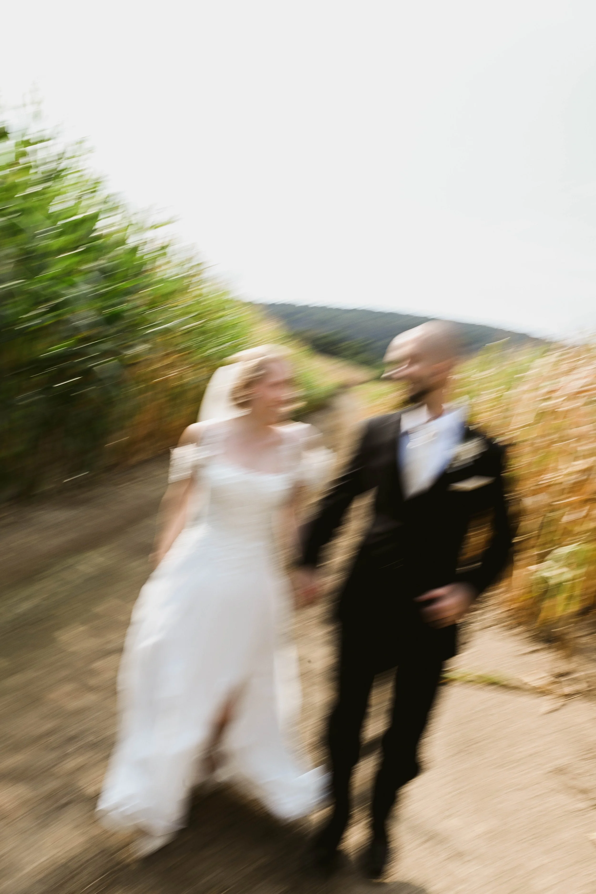 Blurred image of a bride in a white wedding dress and a groom in a black tuxedo holding hands outdoors on a dirt path, with green foliage and a clear sky in the background.