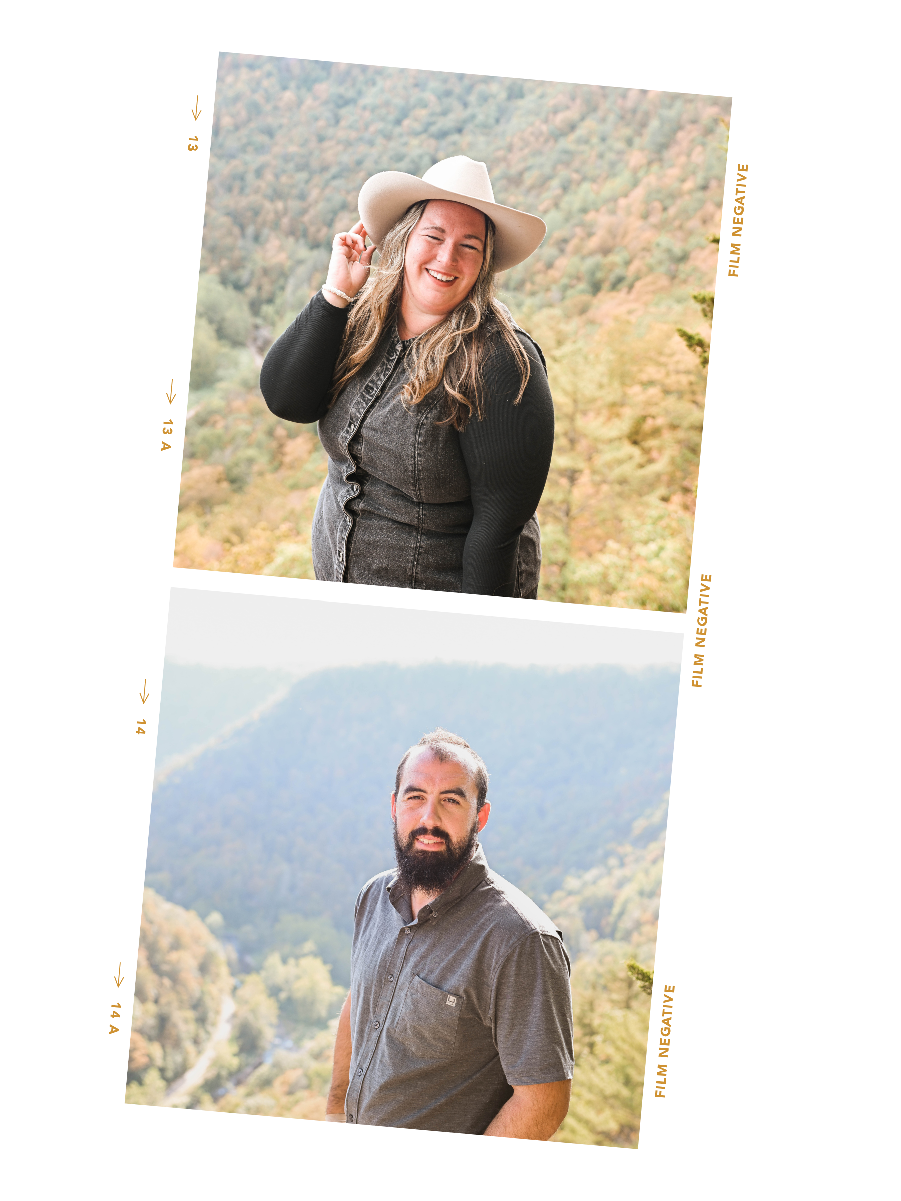 Photographs of a woman wearing a hat and a man with a beard outdoors against a backdrop of mountains and trees