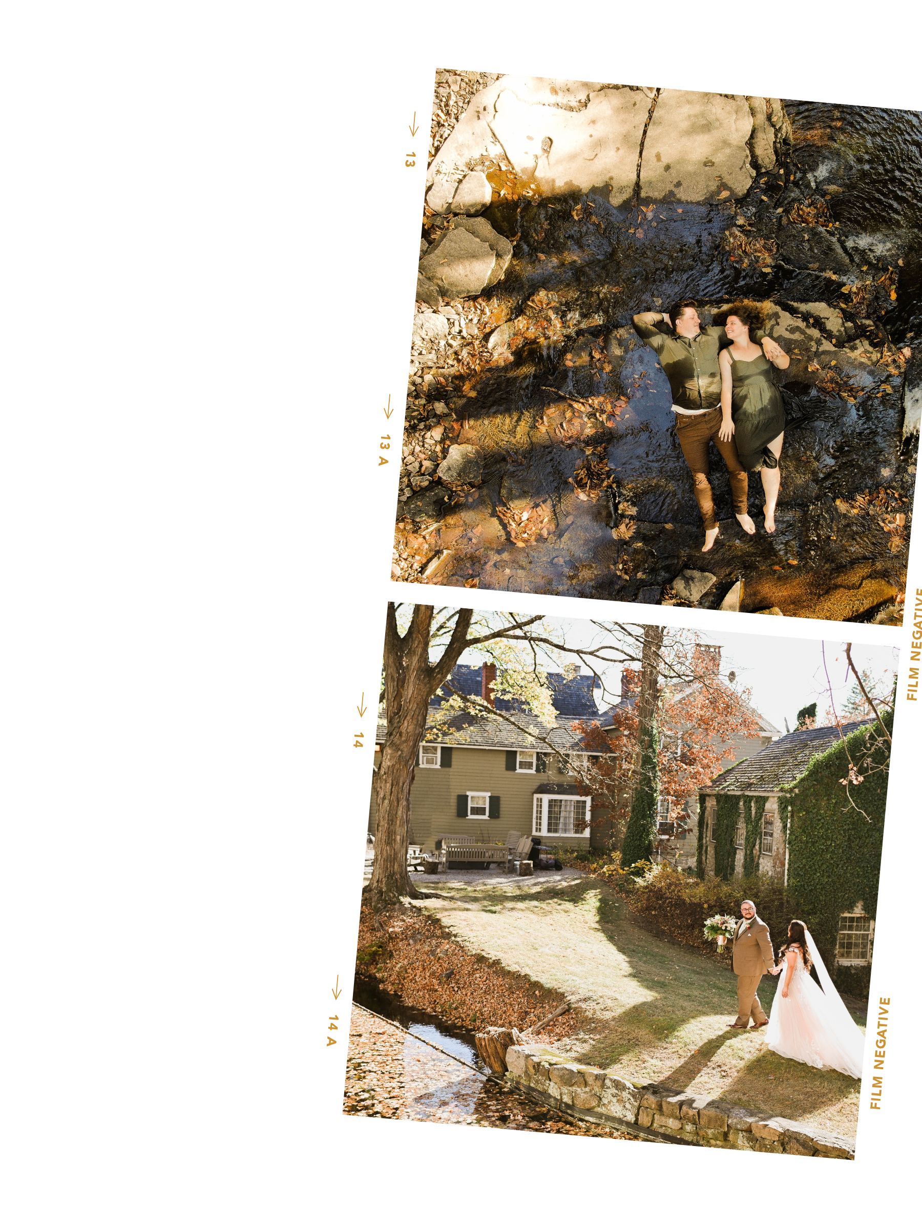 Two pictures of couples in different settings. The top image shows a couple lying on rocks in a shallow stream, relaxing and looking at each other. The bottom image shows a bride and groom walking beside a stream in a garden or yard, holding hands, with the bride holding a bouquet. The images are film negatives, with the top labeled "film negative" and the bottom "film negative" as well.