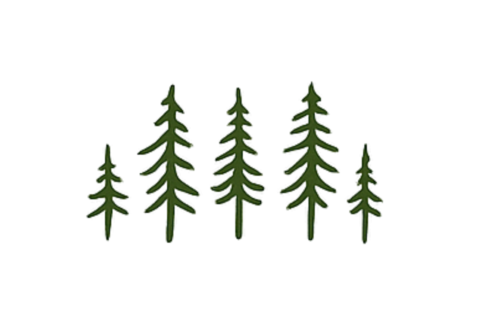 Illustration of five green pine trees of varying heights on a black background.
