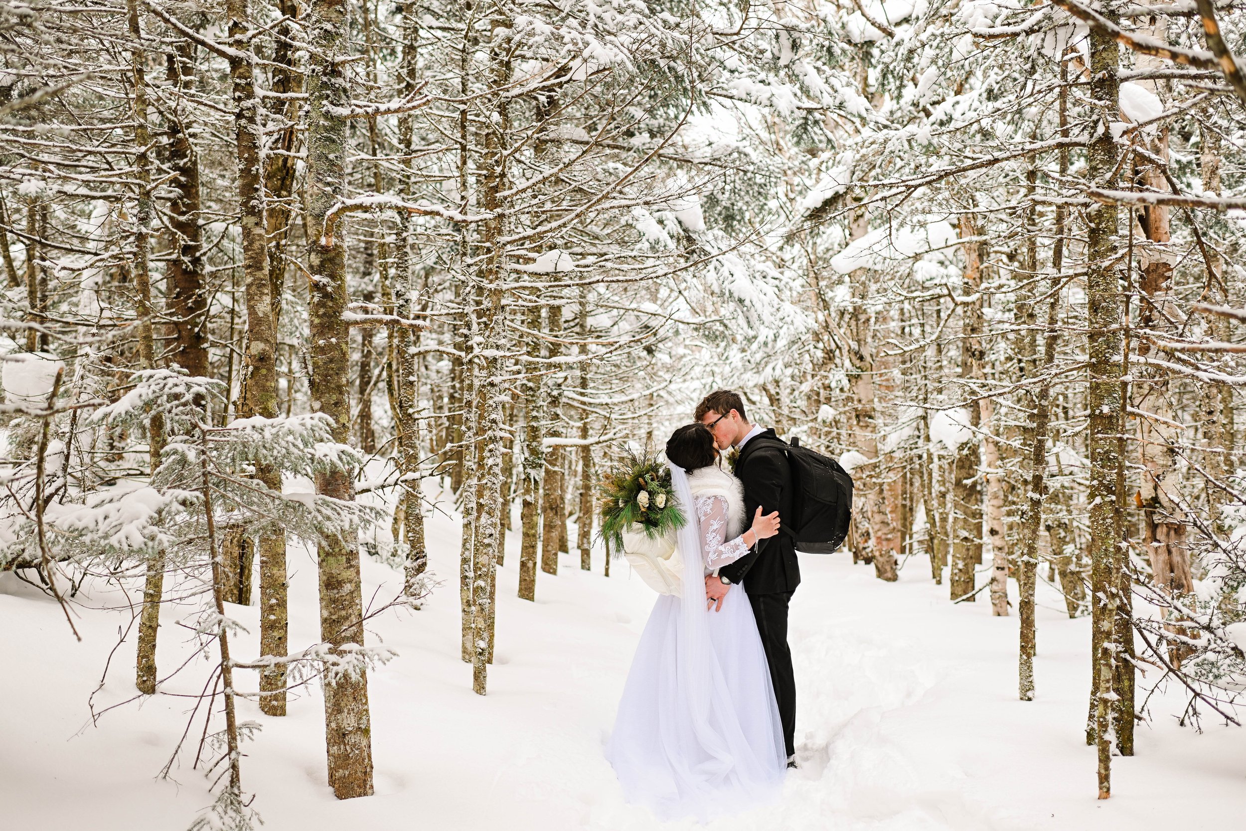 A bride and groom kissing in a snowy forest, with trees covered in snow in the background.