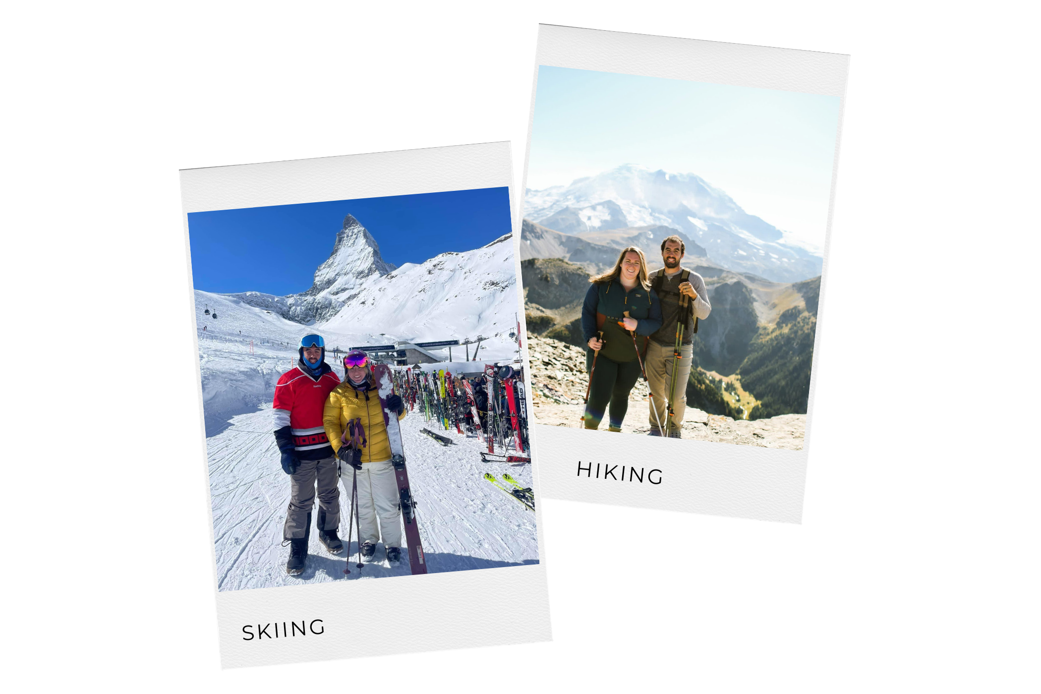 Two photos on Polaroid-style frames, one with a couple skiing in the snow with Mount Matterhorn in the background, and the other with a couple hiking on a mountain trail with snow-capped mountains in the background.