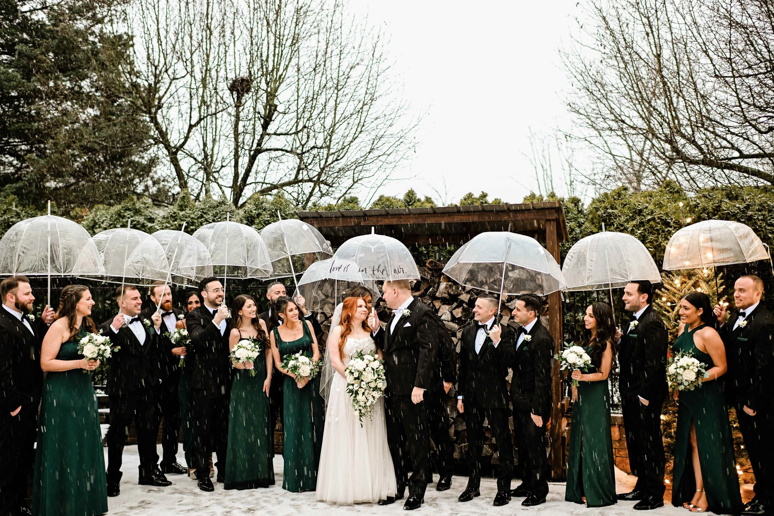 Wedding party standing outside in the snow, holding clear umbrellas, with the bride and groom in the center, surrounded by bridesmaids and groomsmen. The couple is kissing under an umbrella with the words 'love is in the air' written on it.