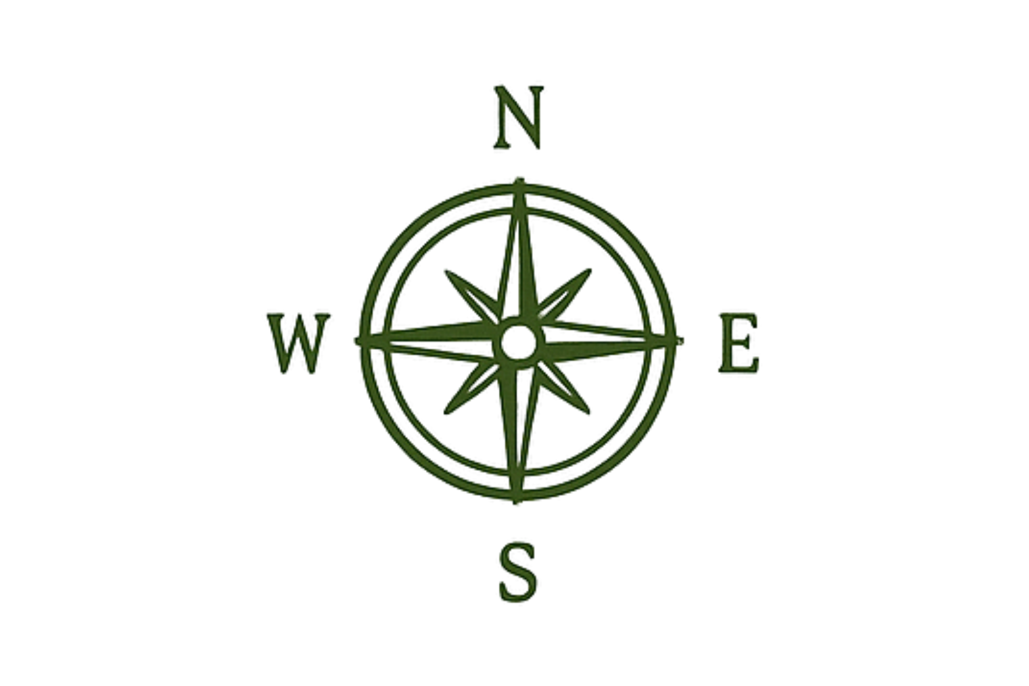 A green compass rose with North at the top, South at the bottom, East to the right, and West to the left, on a black background.
