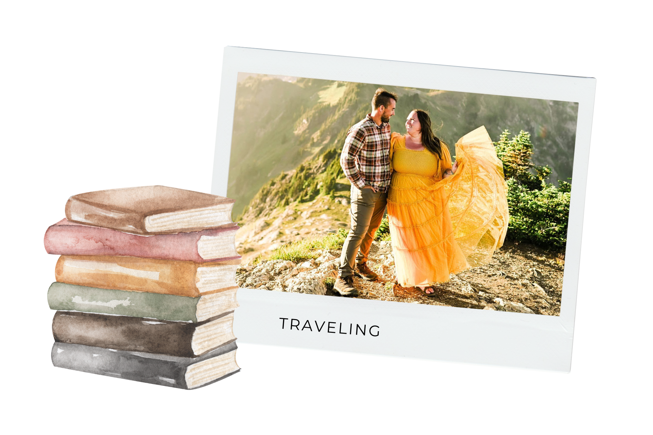 A photo of a couple standing on a mountain trail, smiling and looking at each other, with the word 'TRAVELING' at the bottom of the photo. The woman is wearing a yellow dress and holding a yellow shawl, and the man is wearing a plaid shirt and khaki pants.
