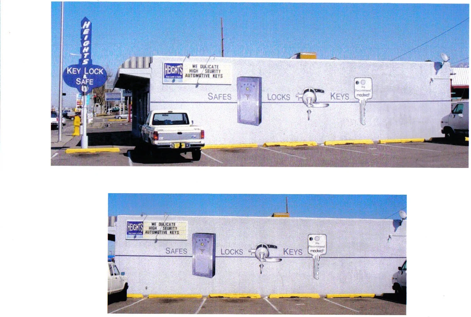 Two side-by-side outdoor signs for a business named Heights Key Lock & Safe, showing a purple sign and wall art of a safe, lock, and key, with a parking lot and cars visible.