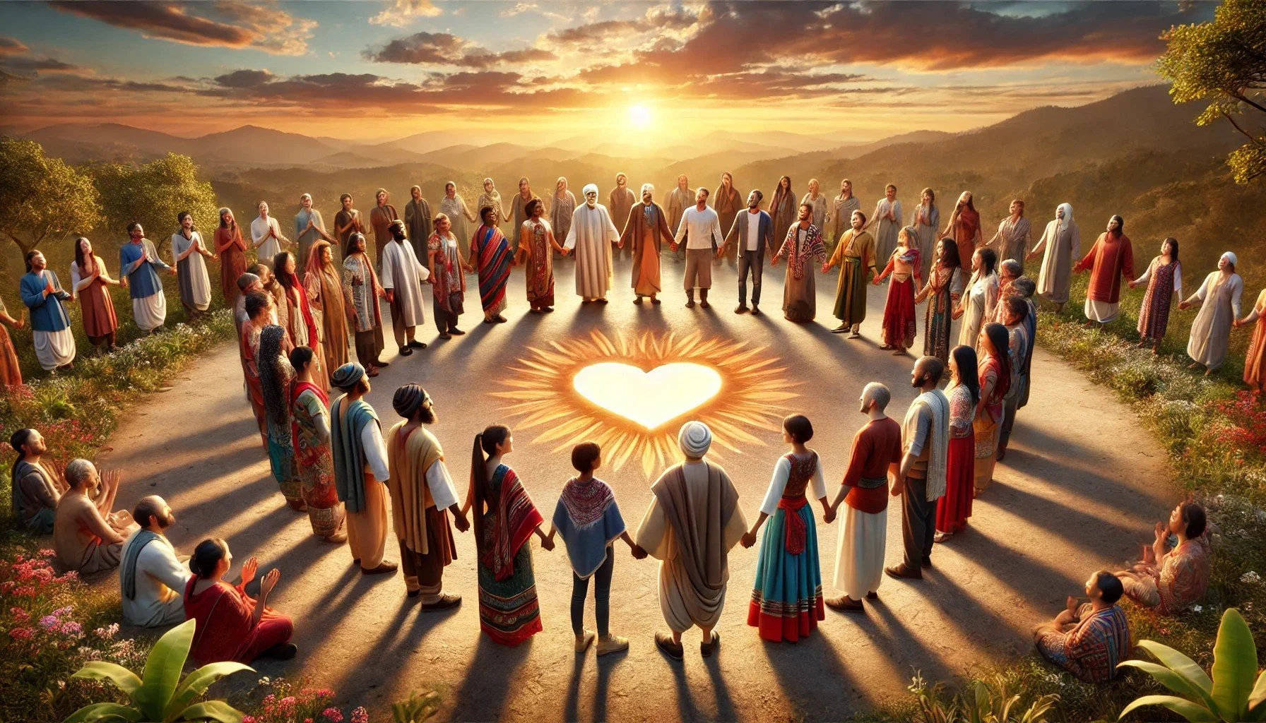 Personas formando un círculo, de pie, en una celebración al amanecer en el campo, con un corazón luminoso en el suelo en el centro.