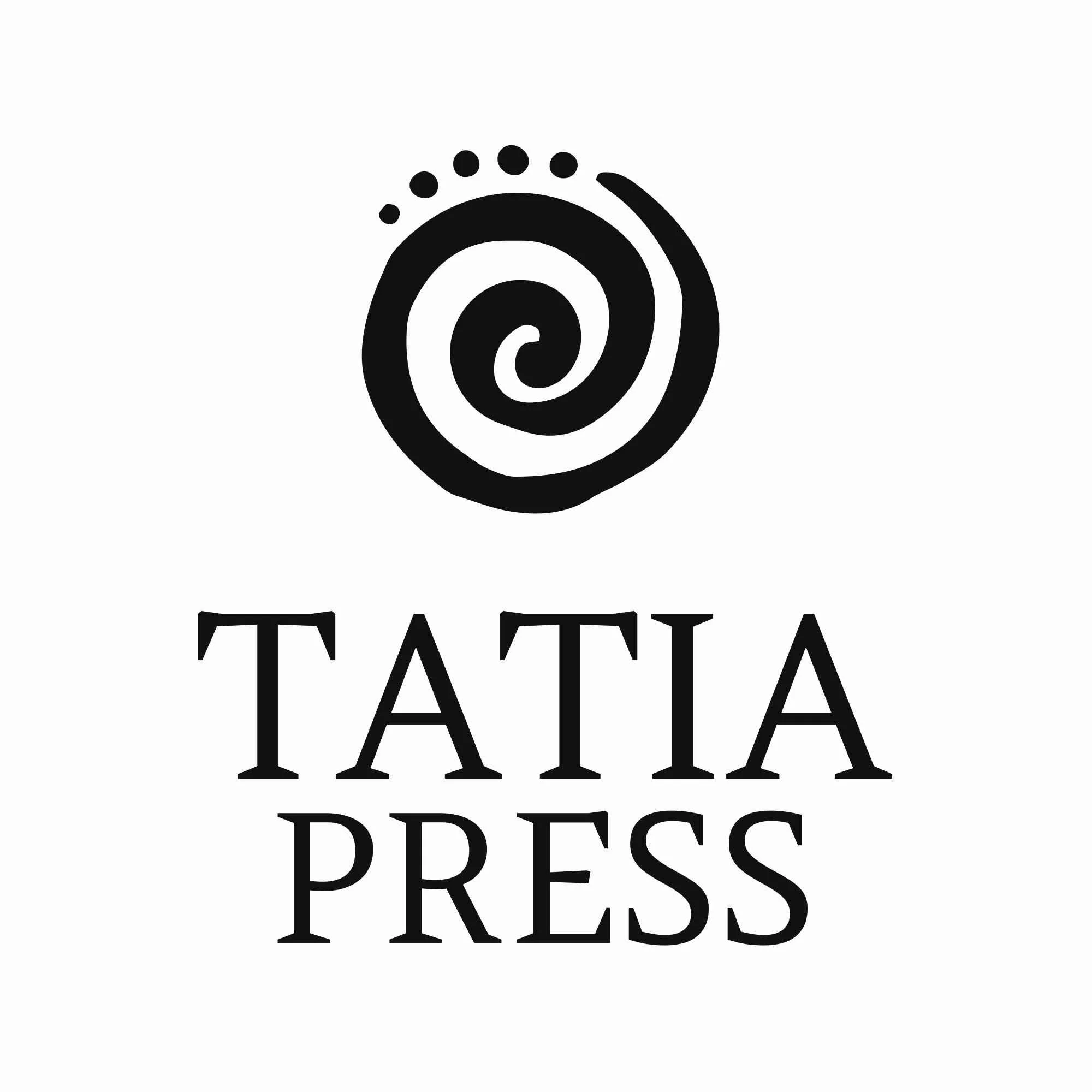 Logotipo en negro y blanco con un icono de espiral abstracto y las palabras 'TATA PRESS'