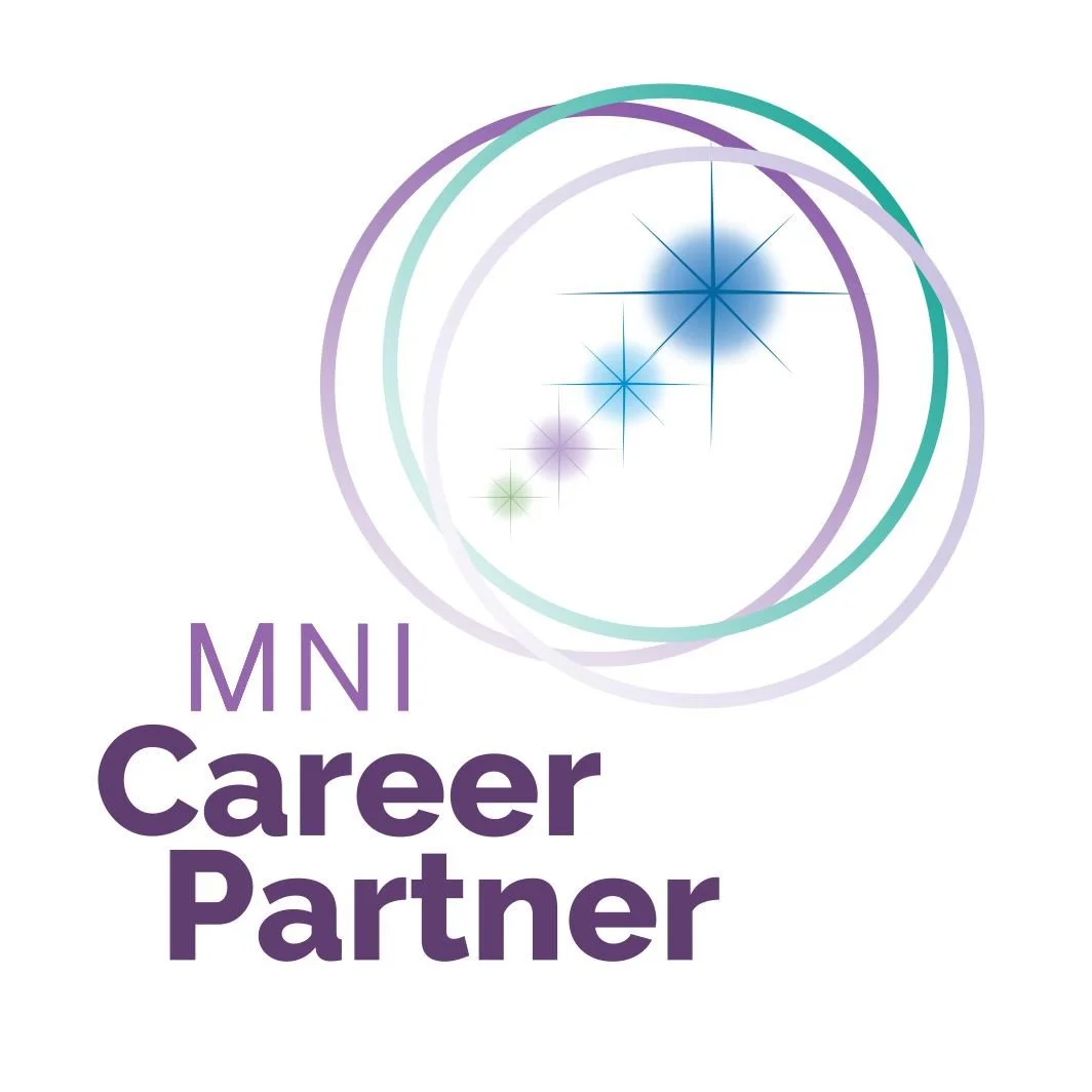 Logo for MNI Career Partner featuring three overlapping circles and star-like sparkles in shades of purple, blue, and green.
