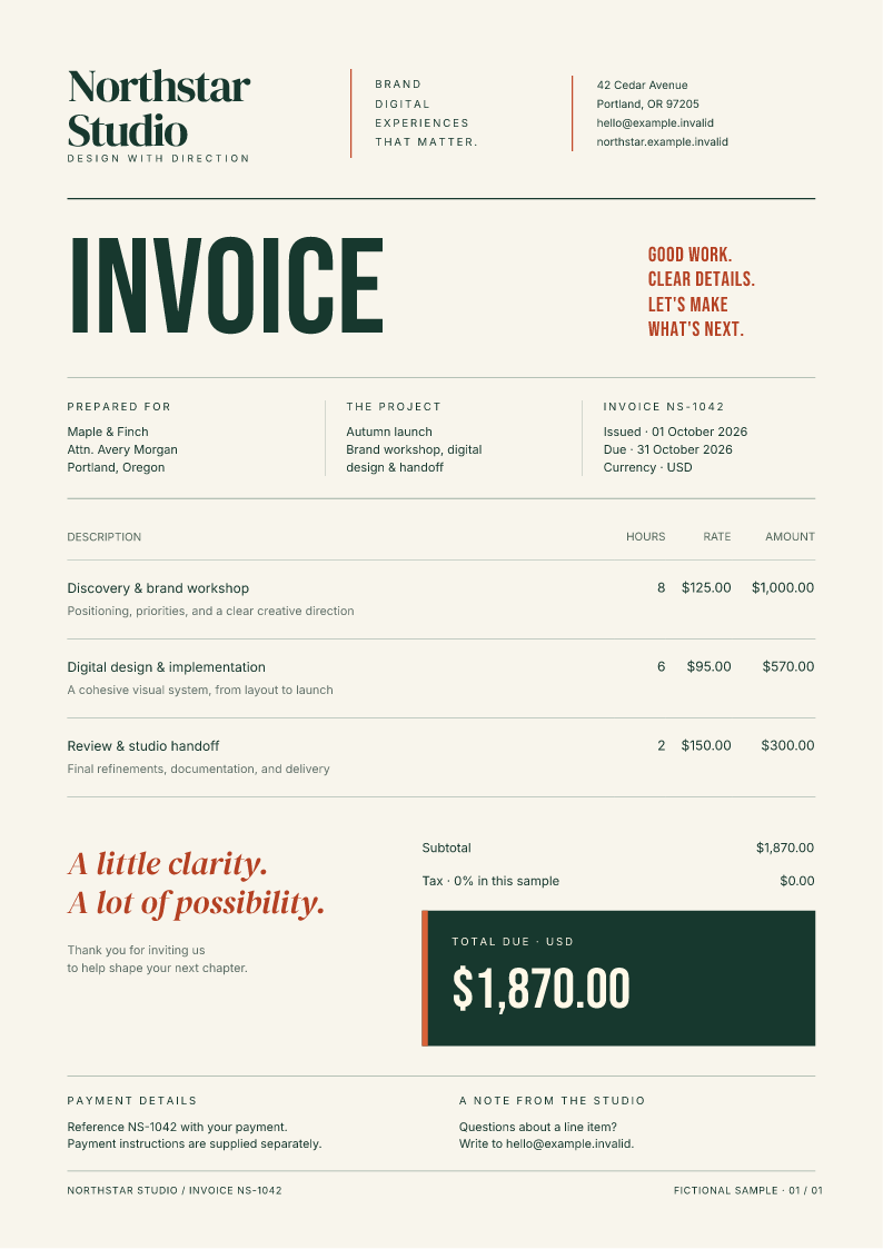Northstar Studio invoice generated by Fullbleed, with a cream background, green total panel, serif headings, and orange accents.