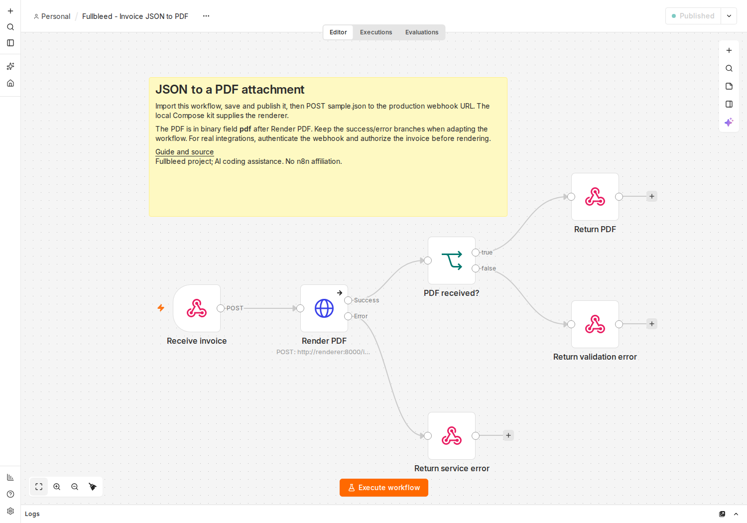 Turn an n8n webhook into a styled PDF invoice