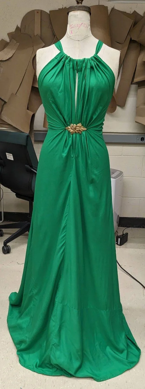 Bias Dress Constructed using 1930's pattern. Materials: Kelly Green Rayon Challis- Vintage Leaf shaped waist clasp.