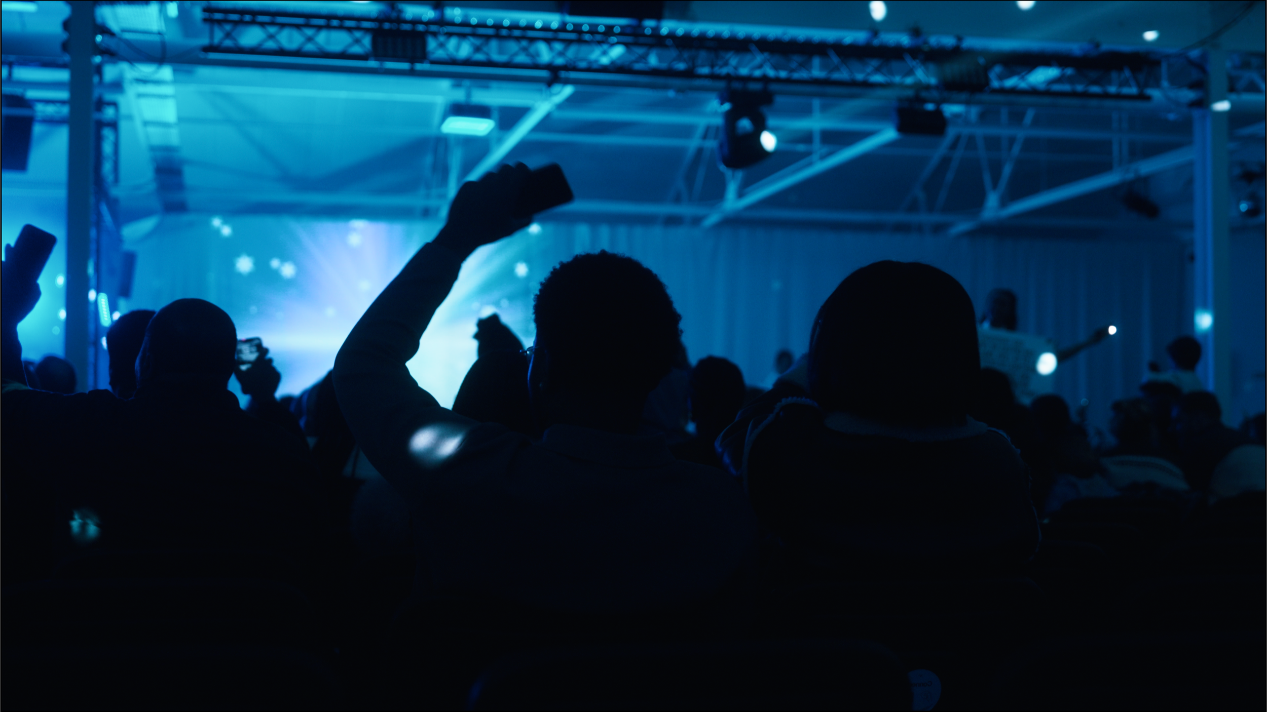 People seated in an auditorium or conference hall during a presentation or event, with some raising their hands.