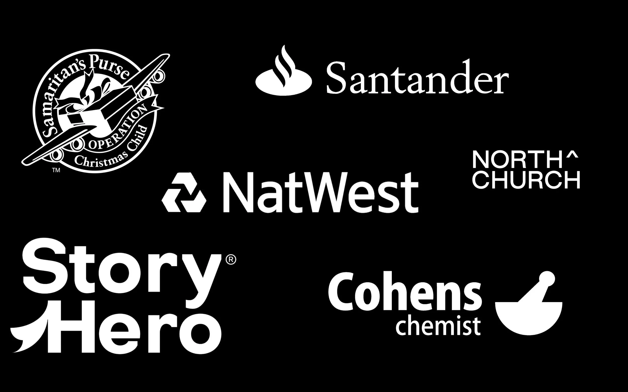 A black background with various company logos, including Santander, NatWest, North Church, Story Hero, Cohen's Chemist, Samaritan's Purse Christmas Child, and Operation Christmas Logo.