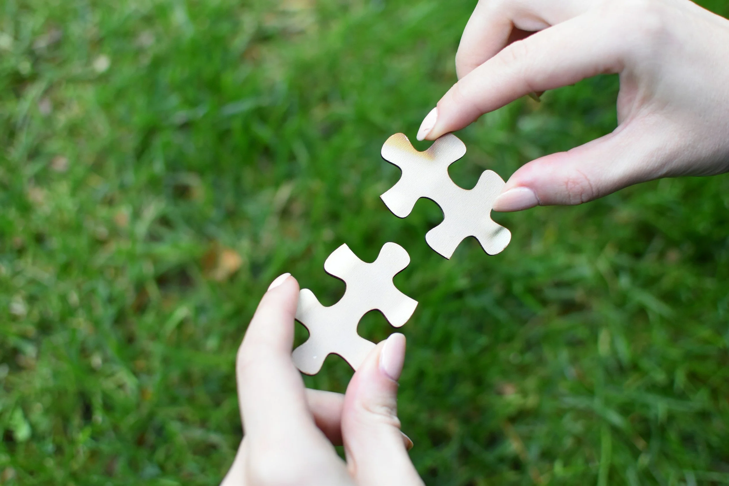 Two hands holding interlocking white jigsaw puzzle pieces outdoors on green grass.