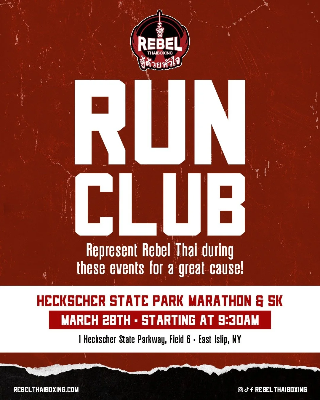 Join the Rebel Run Club and represent at the Heckscher State Park Marathon &amp; 5K.

#RebelThaiboxing
