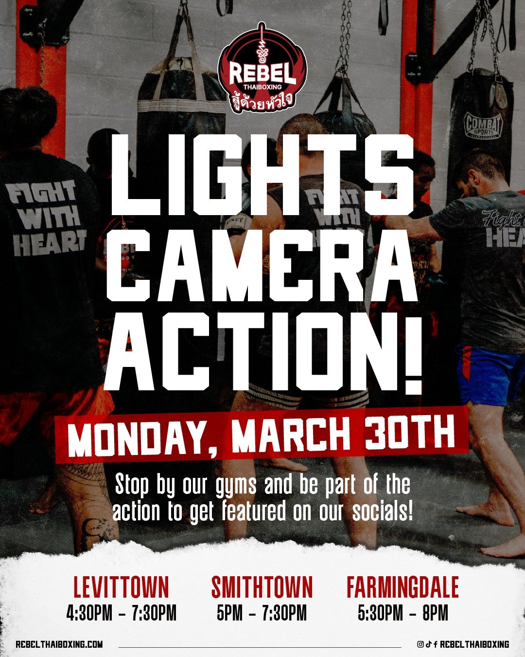 🎥 LIGHTS. CAMERA. ACTION. 🥊
We&rsquo;re filming at Rebel Thaiboxing and YOU could be featured on our socials 🔥
Pull up, hit the pads, bring the energy &mdash; and be part of the content 👀
📍 Levittown | 4:30&ndash;7:30PM
📍 Smithtown | 5&ndash;7: