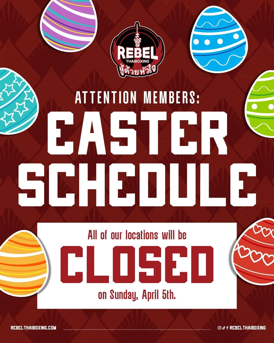 We will be closed for Easter. 🥊
Enjoy the holiday.

 #RebelThaiboxing