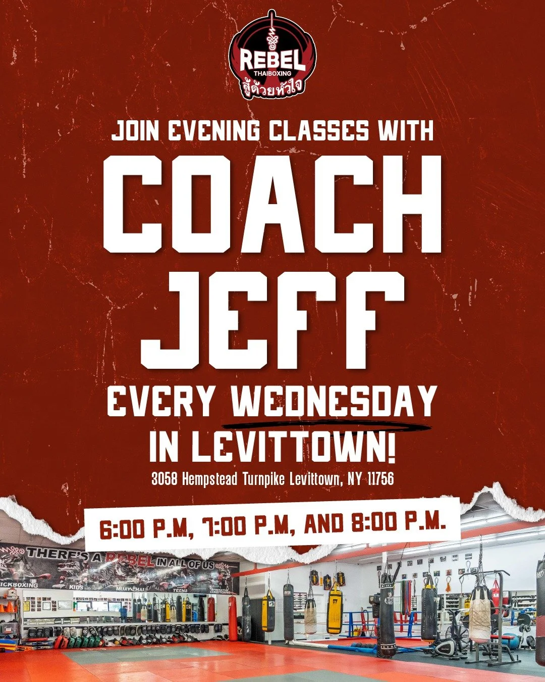 Join evening classes with Coach Jeff every Wednesday in Levittown. 🥊
Today's classes are 6:00 PM, 7:00 PM, and 8:00 PM. Show up and train. #RebelThaiboxing