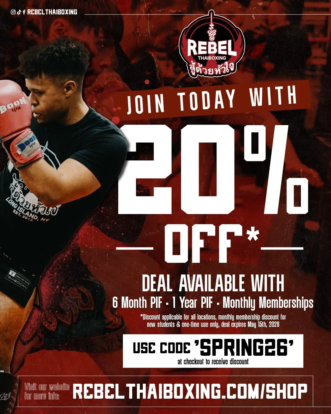 20% off. No better time to start. 🥊

New students, this one&rsquo;s for you. Use code "SPRING26" and save 20% on 6 Month Paid in Full, 1 Year Paid in Full, and Monthly Memberships at all Rebel locations. 

Whether you&rsquo;re looking to l
