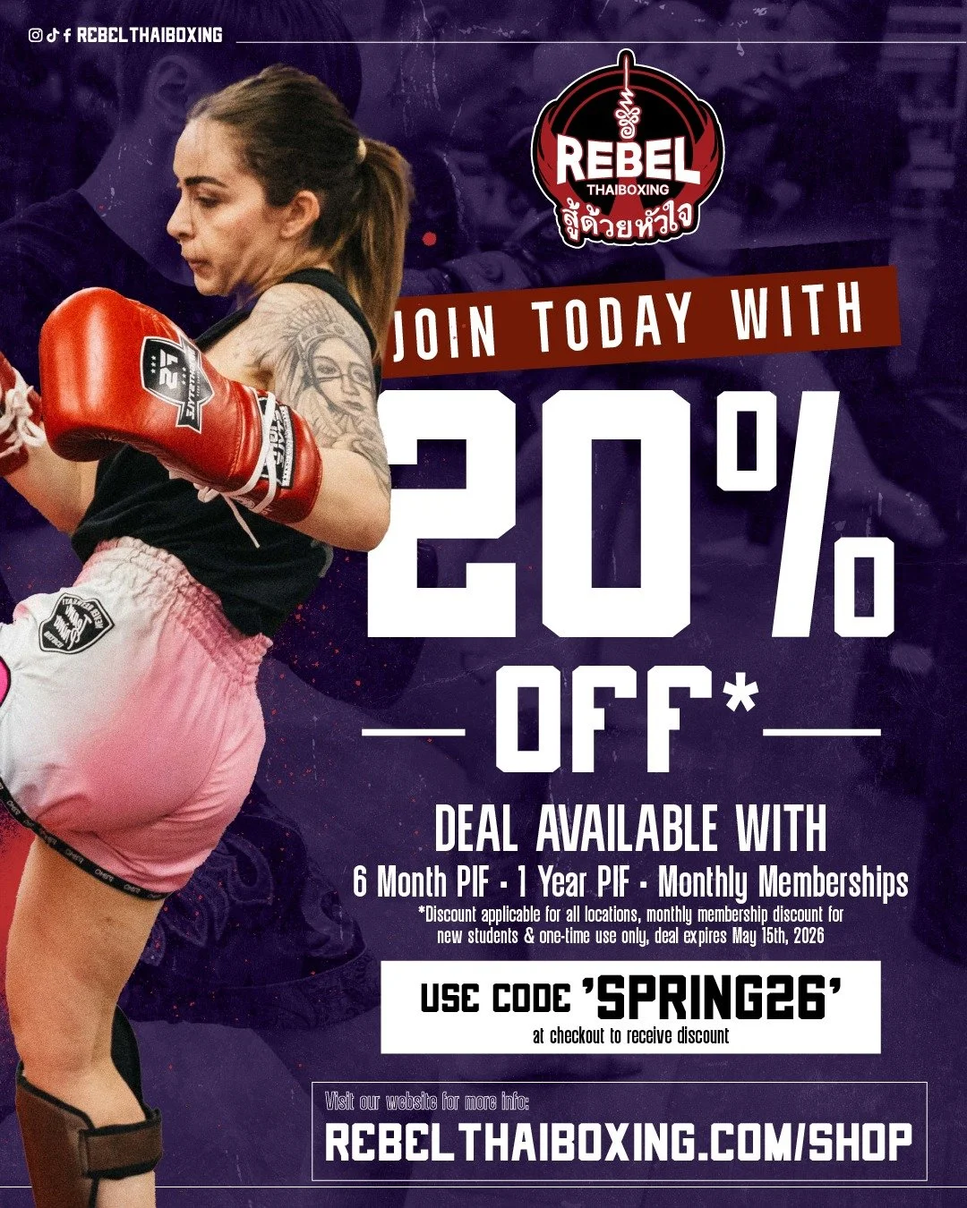 20% off. No better time to start. 🥊

New students, this one&rsquo;s for you. Use code "SPRING26" and save 20% on 6 Month Paid in Full, 1 Year Paid in Full, and Monthly Memberships at all Rebel locations. 

Whether you&rsquo;re looking to l