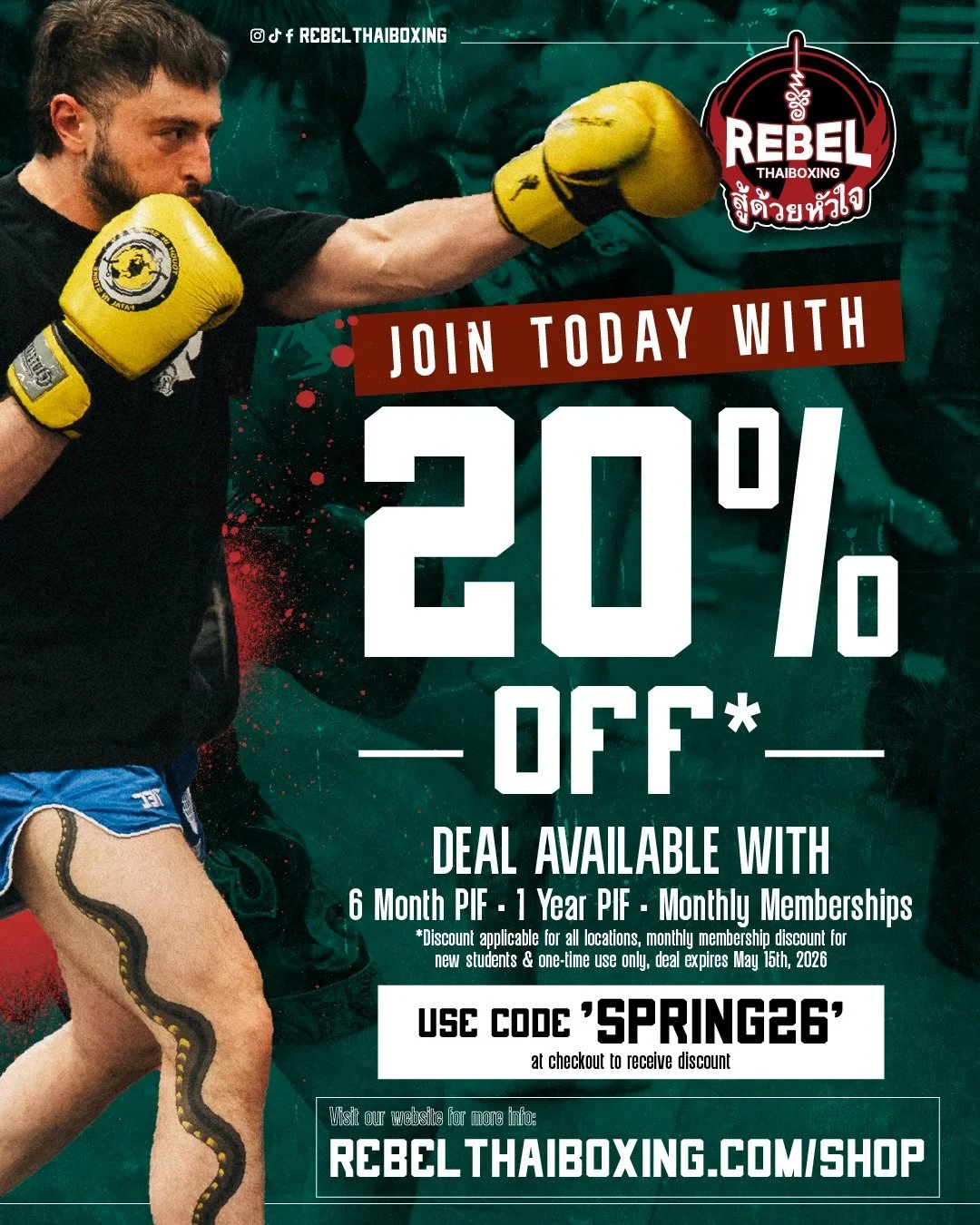 20% off. No better time to start. 🥊

New students, this one&rsquo;s for you. Use code "SPRING26" and save 20% on 6 Month Paid in Full, 1 Year Paid in Full, and Monthly Memberships at all Rebel locations. 

Whether you&rsquo;re looking to l