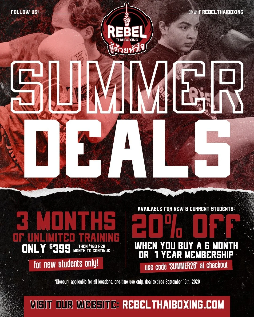 Summer starts now at Rebel. 🥊☀️

Whether you are looking to get in shape, learn real Muay Thai, or stay active this summer, this is the perfect time to start training.

🔥 3 Months Unlimited Training for $399 *FOR NEW STUDENTS ONLY*
🔥 20% Off 6 Mon