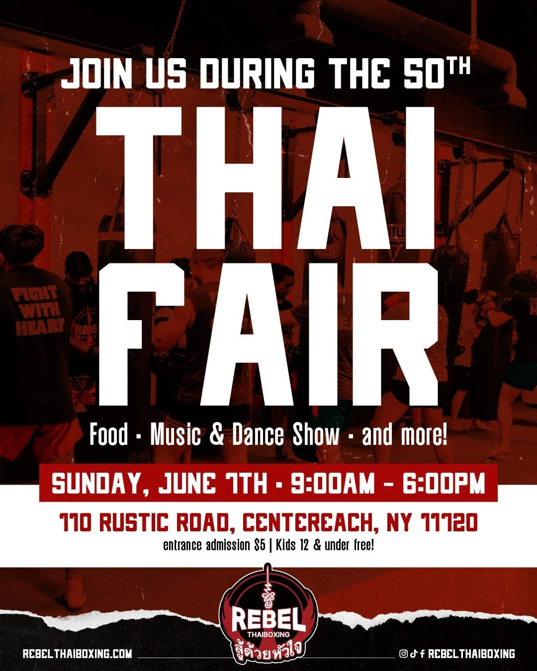Come celebrate with us at the 50th Thai Fair! 🥊

Join the Rebel team for a day filled with Thai culture, great food, music, dance performances, and more. Whether you're a longtime member or just curious about Muay Thai, it's a great opportunity to c