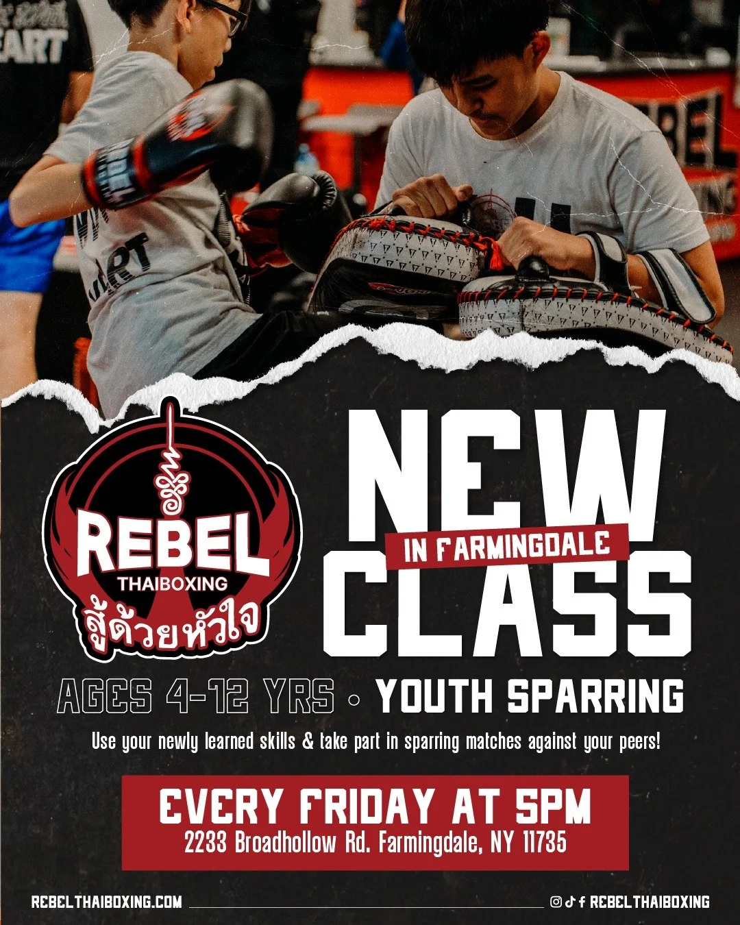 New class alert for our young Rebels. 🥊

We're excited to introduce Youth Sparring every Friday at 5 PM in Farmingdale for ages 4-12.

This class gives students the opportunity to apply their skills in a safe, controlled environment while building c