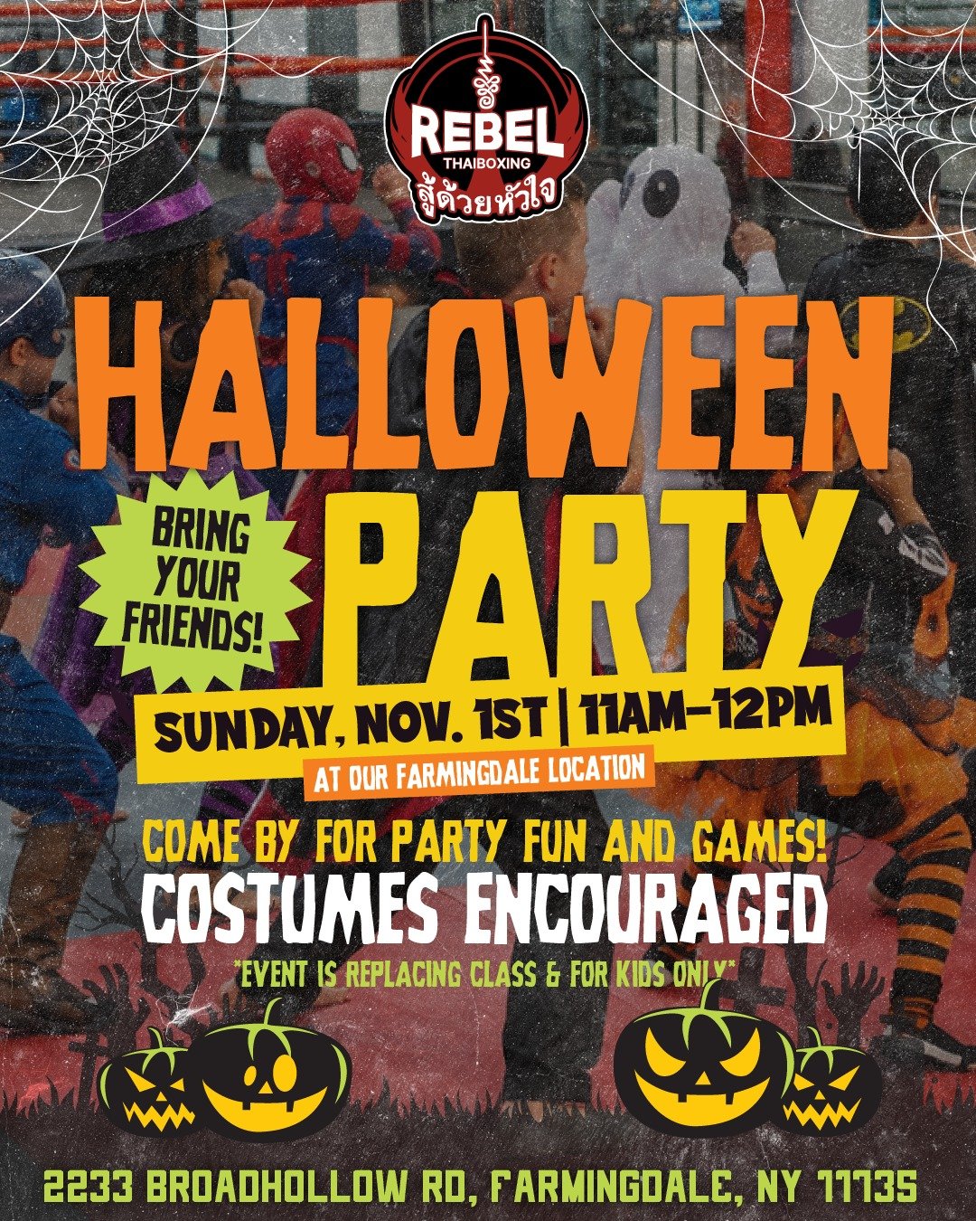 Calling all little Rebels! Halloween fun is coming to the mats! 🎃🥊
This Sunday, we're switching things up with a Kids Halloween Party at Rebel Farmingdale! Come dressed in your favorite costume, bring your friends, and get ready for an hour of fun 