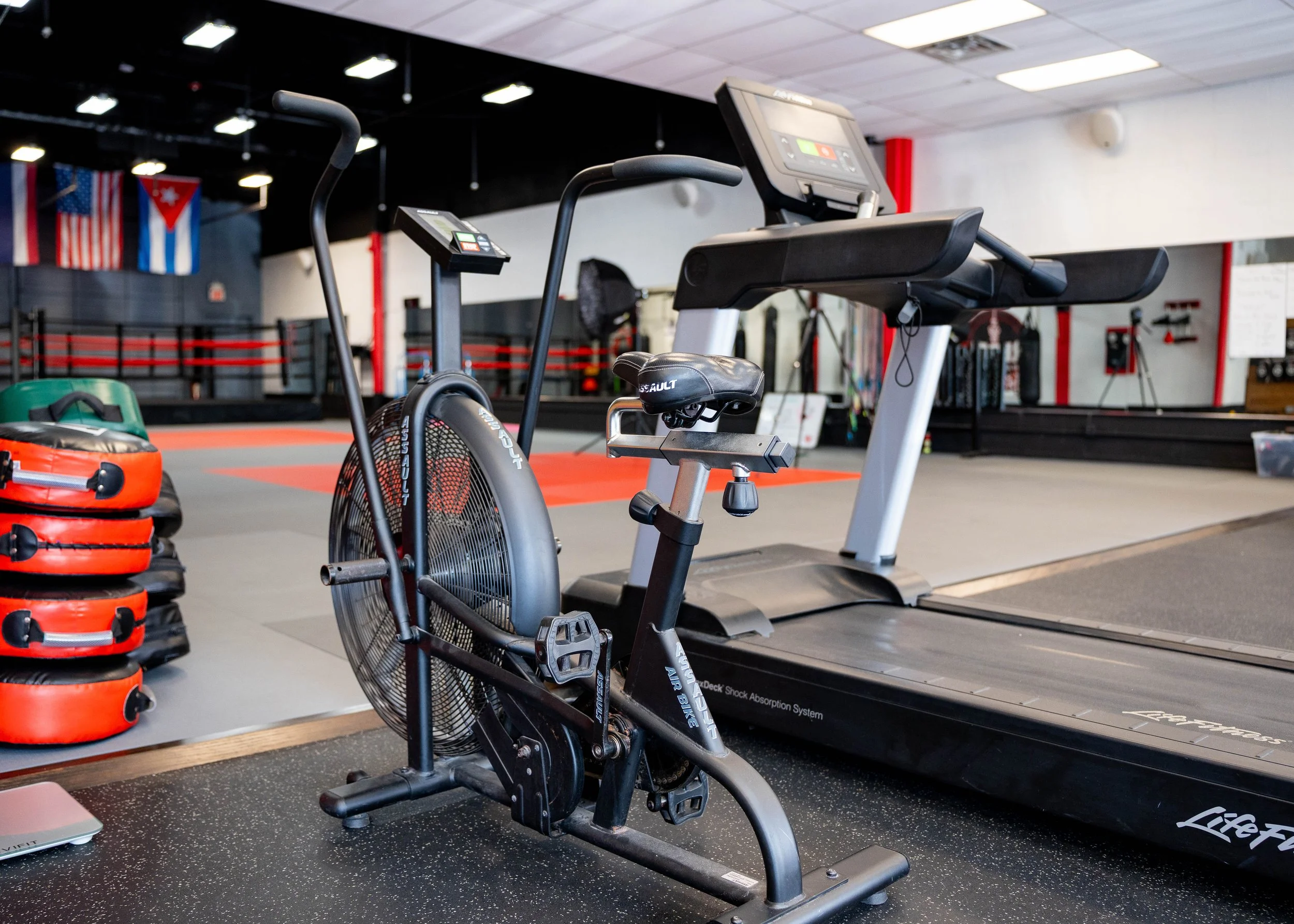 Fitness gym with an upright fan bike and a treadmill, with stacked orange weights on the left and boxing ring with flags in the background.