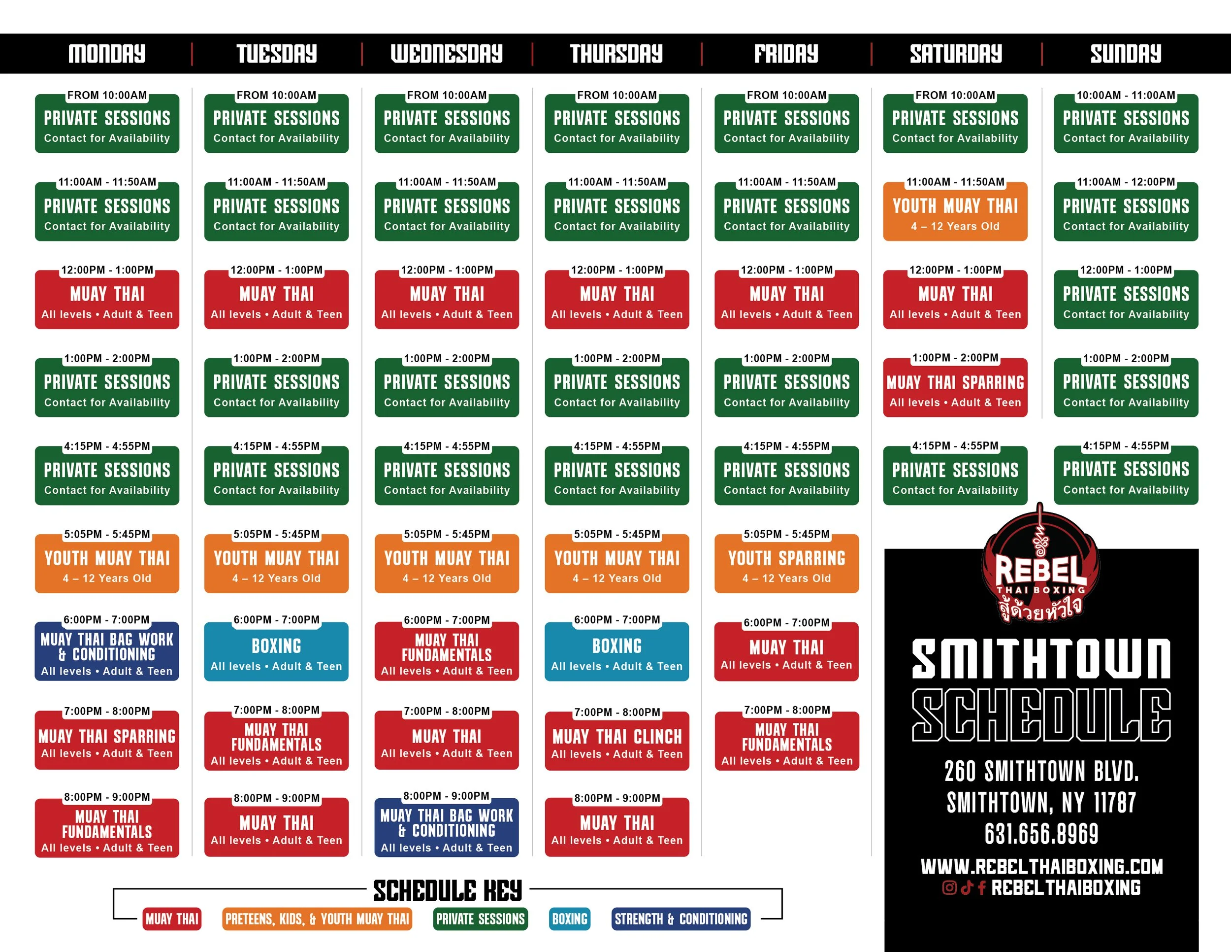 This is a weekly schedule for a Thai boxing gym. It shows various