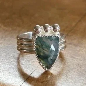 Moss Agate, Sterling Silver Ring Size 10