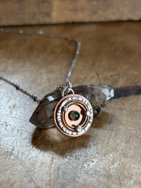 Copper, Bronze, Sterling Silver, Moss Agate Necklace