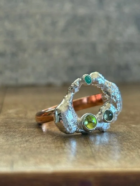 Sterling Silver, Copper, Peridot, Moss Agate, Chrysoprase Ring Size 10.5