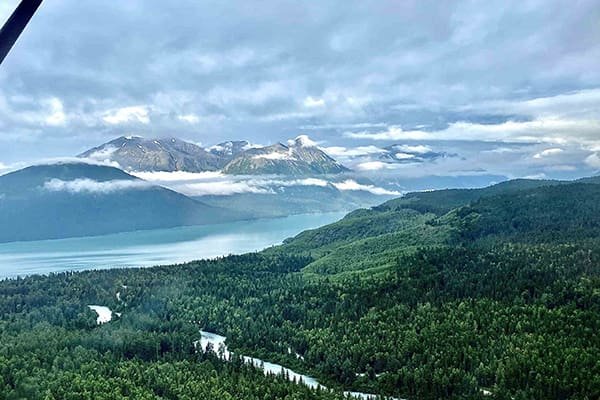 Alaska bush flying scenic route, glacier and mountain views from float plane training flight
