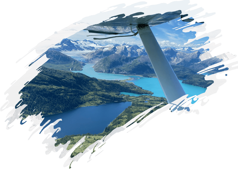 Float plane flying over Kenai Peninsula mountains and glaciers, Floats and Fly adventure course Alaska Float Training