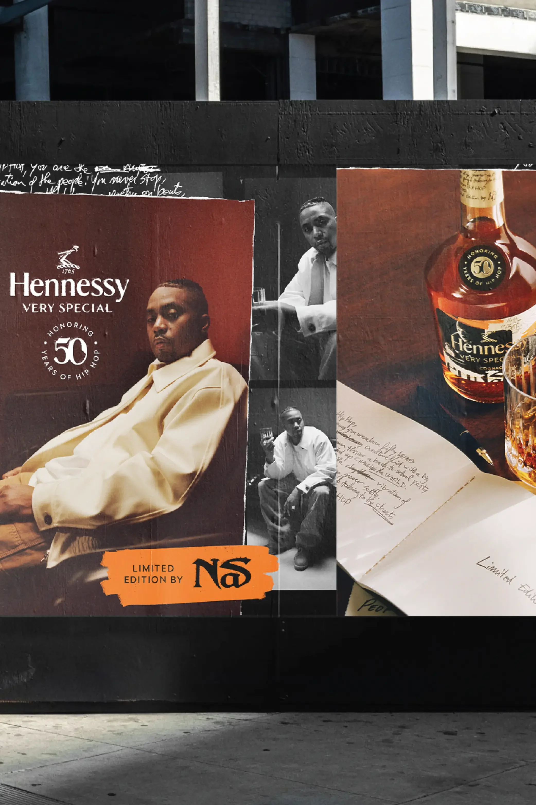 Billboard advertisement for Hennessy Very Special Cognac celebrating 50 years of hip hop, featuring a man in a white jacket, and a glass of cognac with the Hennessy label.
