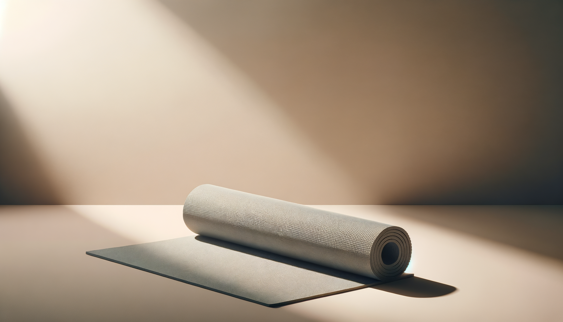 A rolled-up yoga mat with a textured surface on a light-colored surface with soft lighting and shadow.