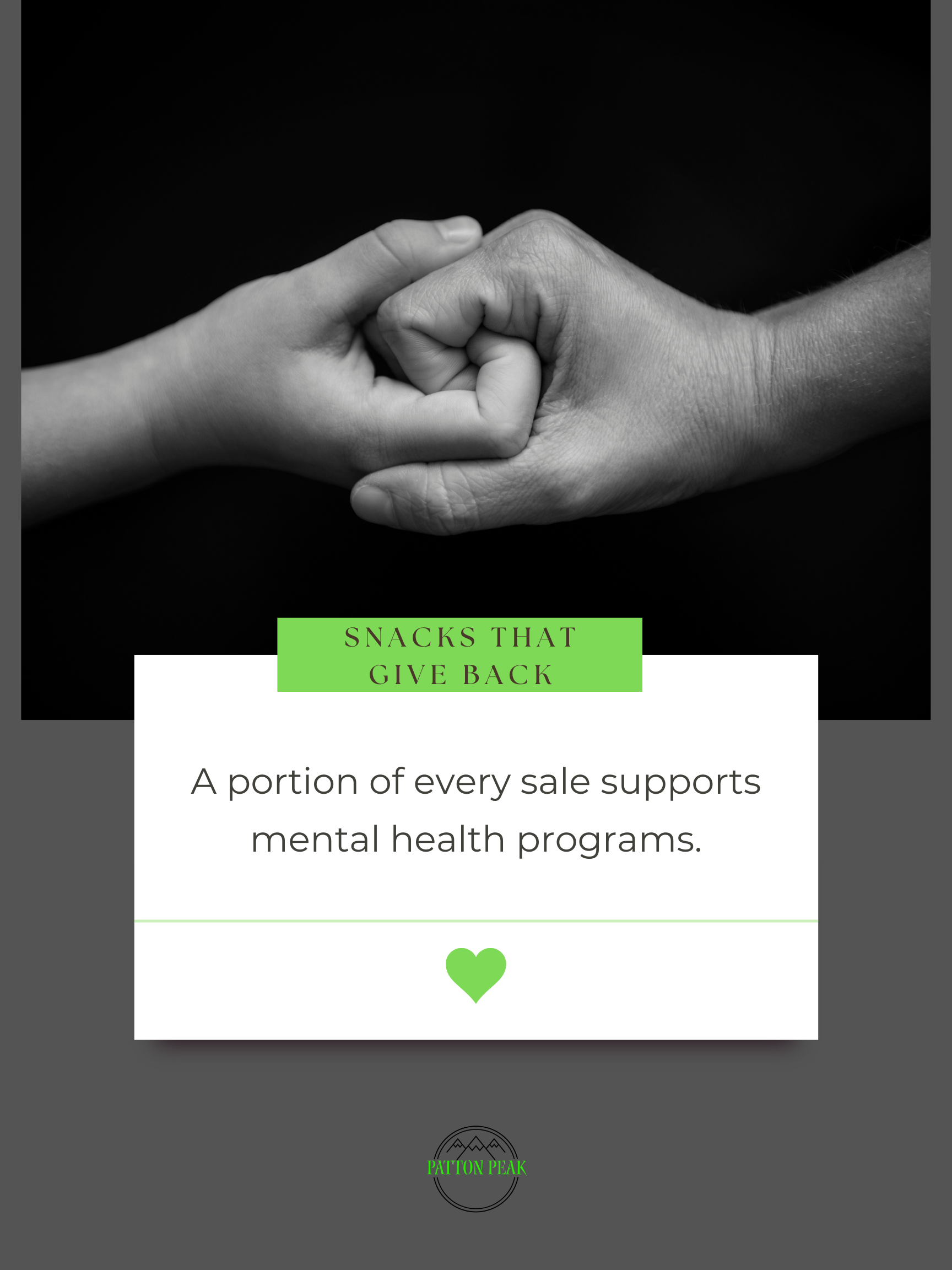 Black and white photo of a child and adult holding hands with fingers interlocked, symbolizing connection and support. Overlayed text promotes a cause supporting mental health programs, with a green heart and green highlights, and a logo at the bottom.