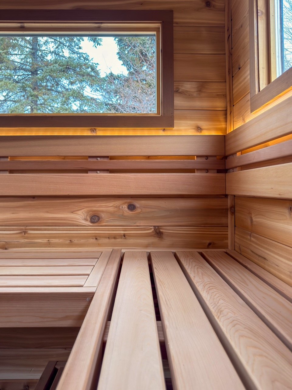 Interior of a wooden sauna with a window showing trees outside.