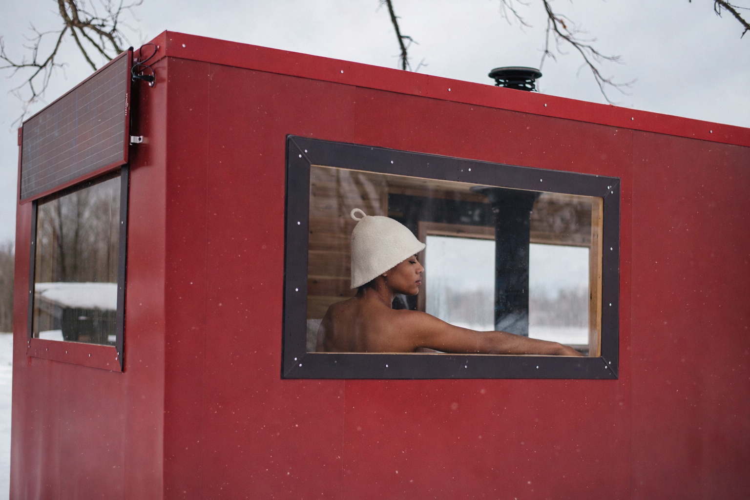 A woman wearing a white hat is sitting inside a red sauna or tiny house, looking out through a window at a snowy outdoor scene.