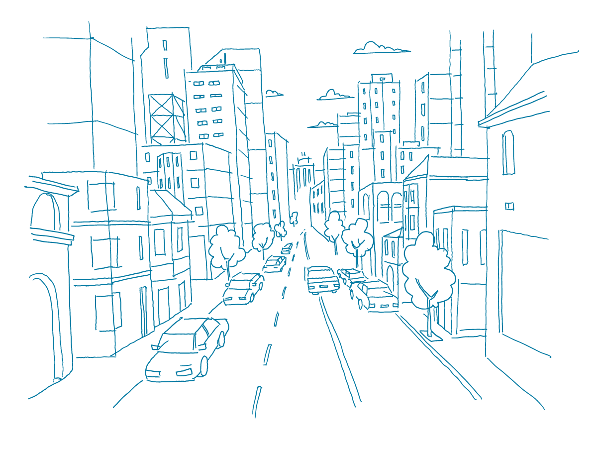 Line drawing of a city