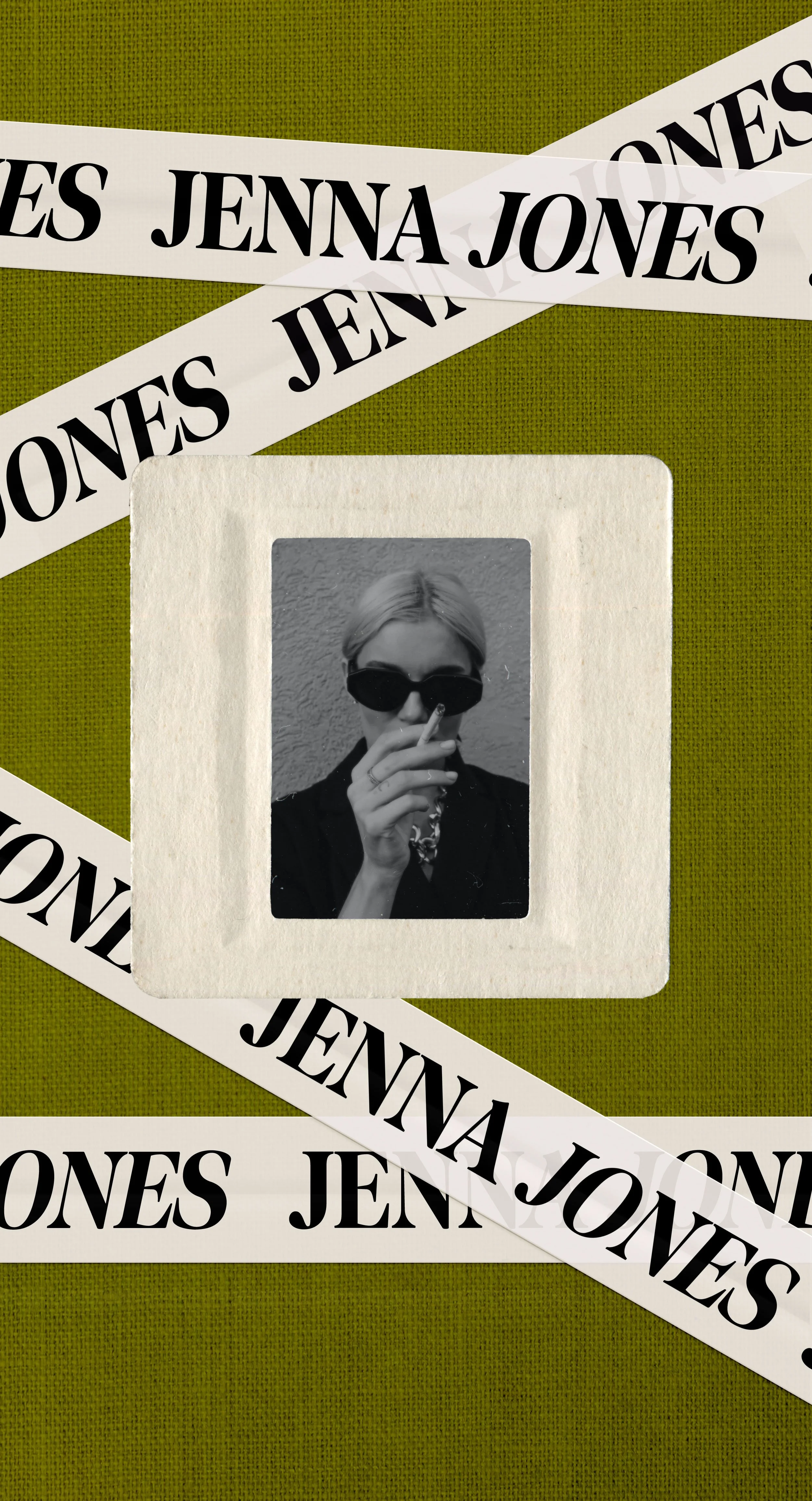 Black and white Polaroid photograph of a woman with blonde hair wearing sunglasses and smoking a cigarette, set on a green textured background with strips of tape labeled 'JENNA JONES' crossing over it.