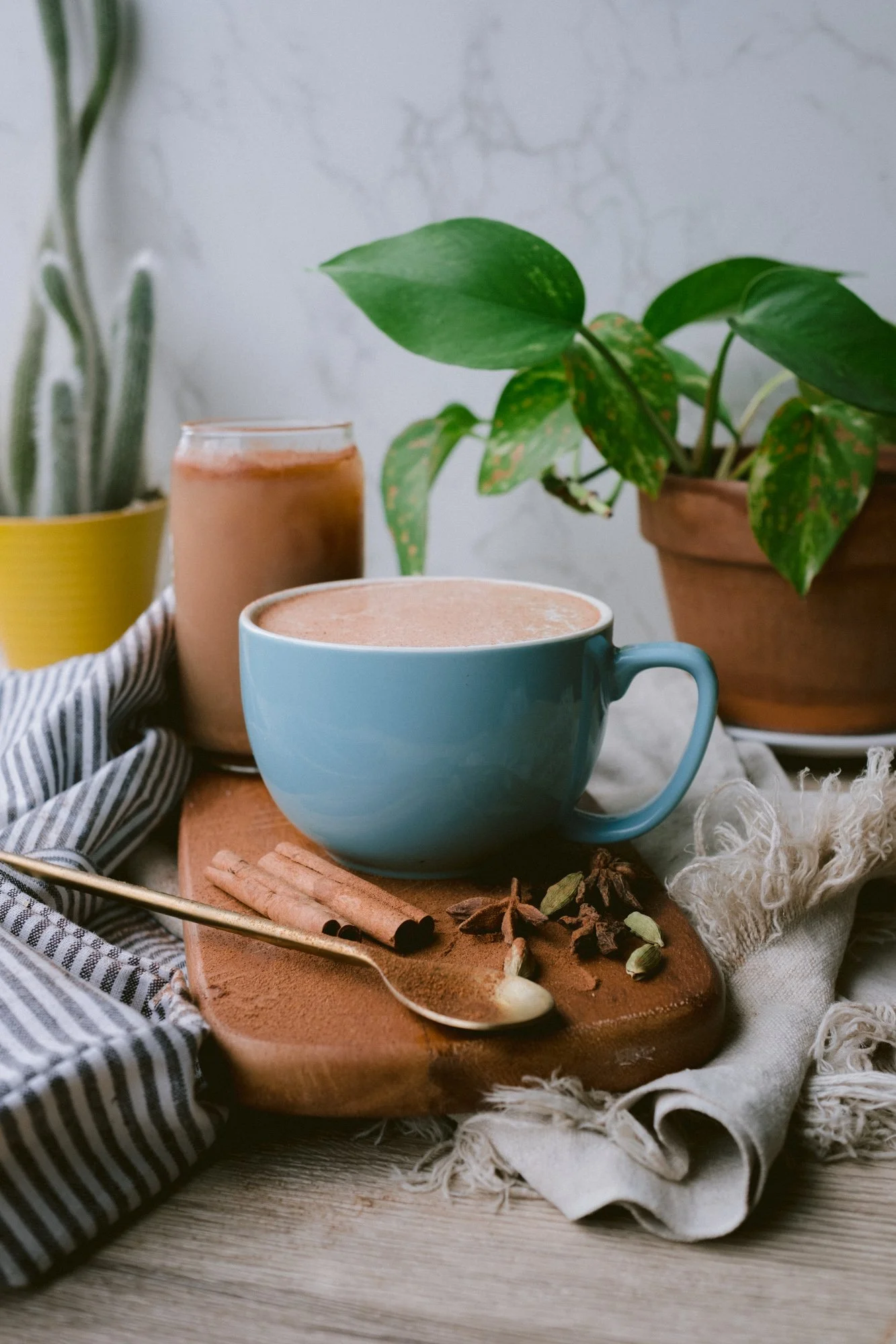 A blue mug filled with hot chocolate on a wooden board, surrounded by cinnamon sticks, star anise, and cardamom, with a spoon and cozy cloths; potted plants and a glass of chocolate drink in the background.